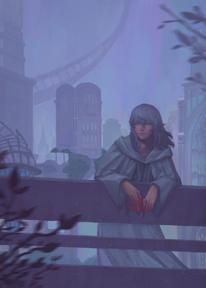 A digital painting of Themis on the streets of Amaurot.