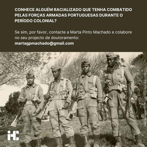 Fotografia de quatro sargentos das Forças Armadas Portuguesas, homens negros, fardados e armados, em 1965. A foto faz parte da colecção privada de Alberto Rocha. É encimada pelo texto “Conhece alguém radicalizado que tenha combatido pelas Forças Armadas Portuguesas durante o período colonial? Se sim, por favor contacte a Marta Pinto Machado e colabore no seu projecto de doutoramento: martagpmachado@gmail.com”