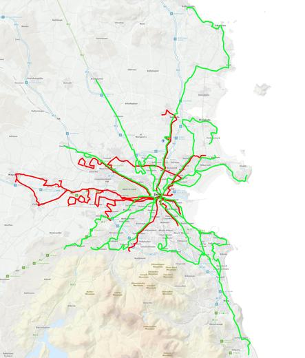 Map of Greater Dublin Area showing 24hr bus services in red and NiteLink services in Green. There is extensive coverage of the city area and extending out as far as Balbriggan, Ashbourne, Dunboyne, Maynooth, Celbridge, Rathcoole, Jobstown, Carrickmines and Greystones