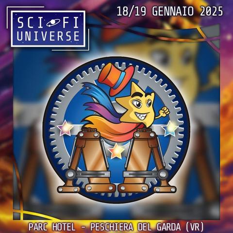 Vi è il disegno di un logo con colori vivi e allegri.
In alto a sinistra il logo della sci-fi universe e al destra la data dell'evento: 18 e 19 gennaio 2025.
In basso la location: Parc Hotel Peschiera del Garda - VR