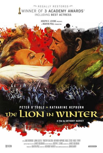 A poster for The Lion in Winter ("Winner of 3 Academy Awards including Best Actress") features Katharine Hepburn and Peter O'Toole as Eleanor of Aquitaine and Henry II, respectively, with clashing armed forces below them.