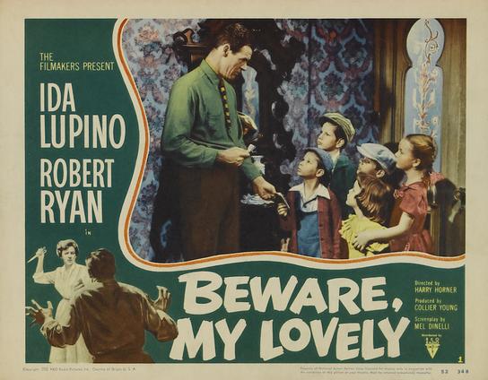 The poster for Beware, My Lovely shows Robert Ryan encountering a visiting group of small children, sending them away (top), and facing Ida Lupino, armed with a knife (bottom).