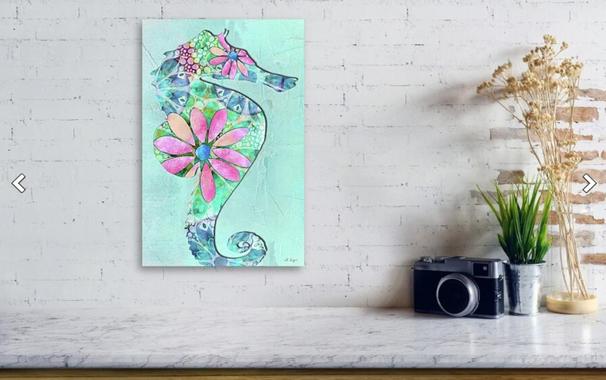Colorful blue and green seahorse with pink daisy flowers in a furniture setting by artist Sharon Cummings.