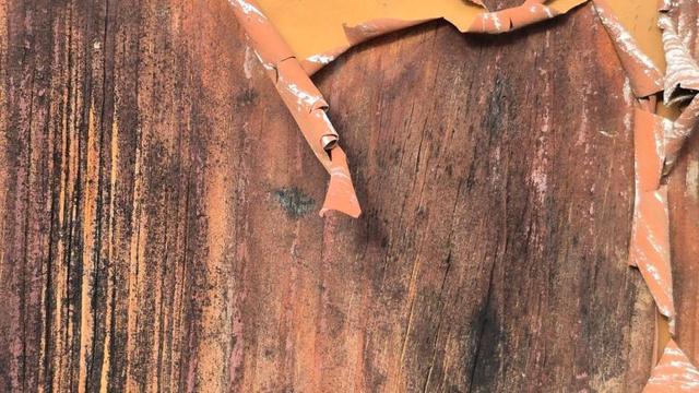 Peeling paint on a rust coloured wooden door.