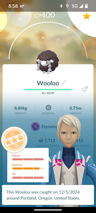 screen capture of Pokemon evaluation, of Wooloo, being shiny (all brown except for face and feet) with 15/13/15 stats.