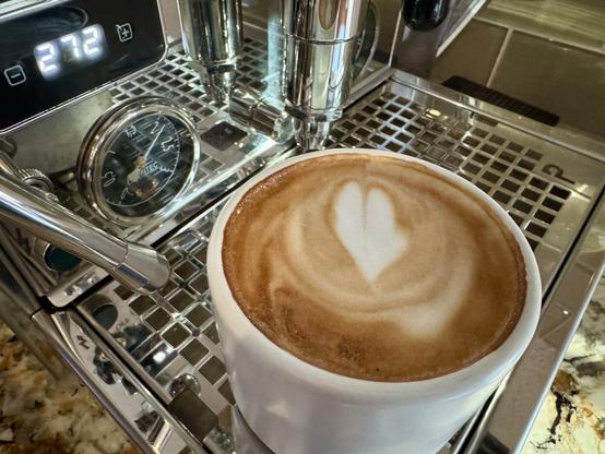 Small white coffee mug filled with a frothy cappuccino sitting on a shiny espresso machine.
