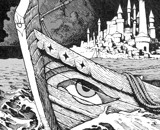 crop of a larger ink illustration showing the prow of a boat with an eye on the sea, with a large city with towers in the background and some ominous clouds in the sky