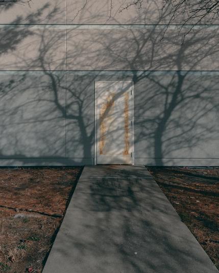 Photo of an external door framed by tree shadows