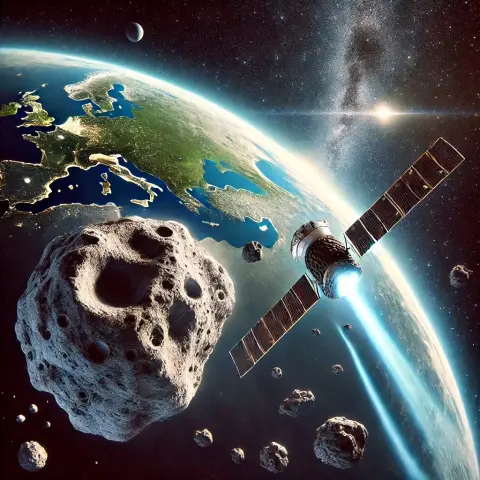 Immagine generata AI che rappresenta un asteroide che viaggia verso la terra