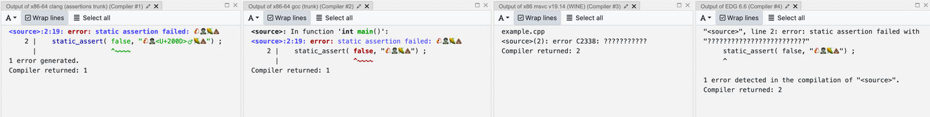 Output from various compilers:

clang:

<source>:2:19: error: static assertion failed: 🐔🧟‍♂️🌽💩
    2 |    static_assert( false, "🐔🧟<U+200D>♂️🌽💩") ;   
      |                   ^~~~~
1 error generated.
Compiler returned: 1

gcc:

<source>: In function 'int main()':
<source>:2:19: error: static assertion failed: 🐔🧟‍♂️🌽💩
    2 |    static_assert( false, "🐔🧟‍♂️🌽💩") ;
      |                   ^~~~~
Compiler returned: 1

msvc:

example.cpp
<source>(2): error C2338: ???????????
Compiler returned: 2

edg:

"<source>", line 2: error: static assertion failed with "?????????????????????????"
     static_assert( false, "🐔🧟‍♂️🌽💩") ;   
     ^

1 error detected in the compilation of "<source>".
Compiler returned: 2