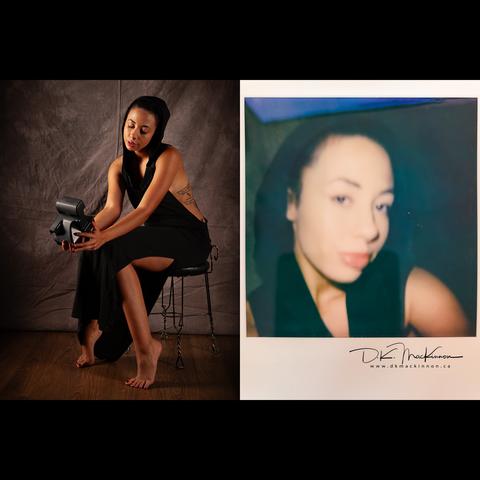 Side-by-side images. On the left a woman in a black dress seated on a chair is leaned slightly forward and holding a polaroid camera. On the right is the image taken by the polaroid camera.