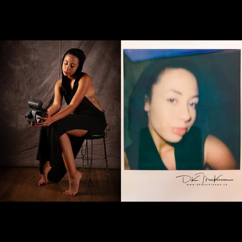 Side-by-side images. On the left a woman in a black dress seated on a chair is leaned slightly forward and holding a polaroid camera. On the right is the image taken by the polaroid camera.