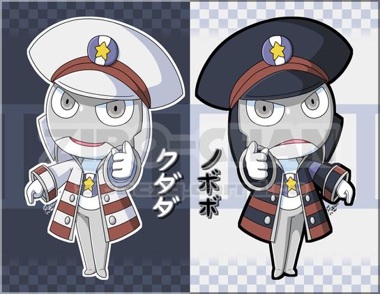 Art depicting Keronian versions of the Subway Bosses from Pokémon Black and White. The art is split down the middle, vertically, into a black half on the left, and a white half on the right, with a checkered pattern towards the top and bottom of the illustration. There is also a faint and simple rendering of train tracks running horizontally in background. The Emmet Keronian is on the left, and the Ingo Keronian on the right. They are both mirrored and doing their pointing pose. Next to them are the Keronian names of “Kudada” for Emmet, and “Nobobo” for Ingo, which are based on their Japanese names.