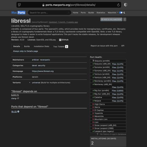 Screenshot of a web browser with https://ports.macports.org/port/libressl/details/ loaded. Of particular note: OS X versions Snow Leopard through High Sierra have red Xs next to them indicating build problems on those versions of OS X.