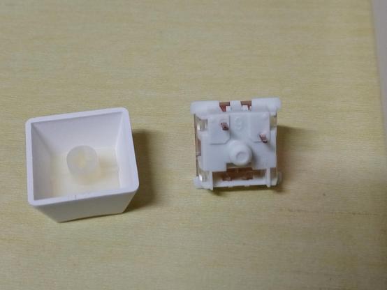 Foto mostrando as "costas" de uma keycap branca e um Switch Red Gateron com 2 pinos
