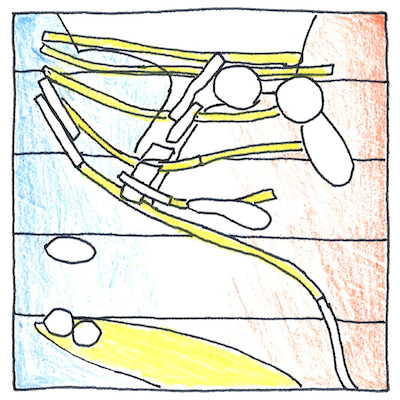 Drawing of a diagram of space, featuring a horizontal gradient from light blue to light orange, five sections from top to bottom, and in this grid yellow and white segmented strings and some somewhat circular white areas.