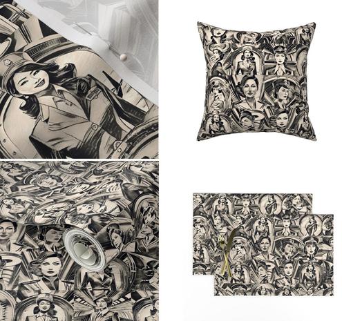 A striking collage-style design featuring vintage-inspired illustrations of flight attendants. The artwork, in a monochromatic sepia tone, portrays confident women in classic aviation uniforms set against a dynamic backdrop of aviation motifs, including airplane windows and control panels. The pattern is displayed across various home decor items, including a decorative pillow, a roll of wallpaper, and placemats, showcasing its versatility. The intricate details and retro aesthetic exude elegance and pay homage to the golden age of aviation, making it perfect for aviation enthusiasts and fans of vintage design.