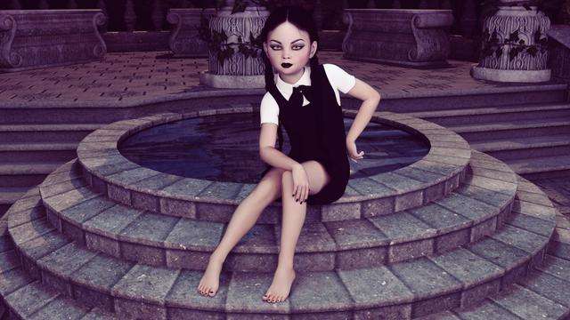 3D fan-art of goth girl Wednesday Addams showing her cute bare feet and toes.