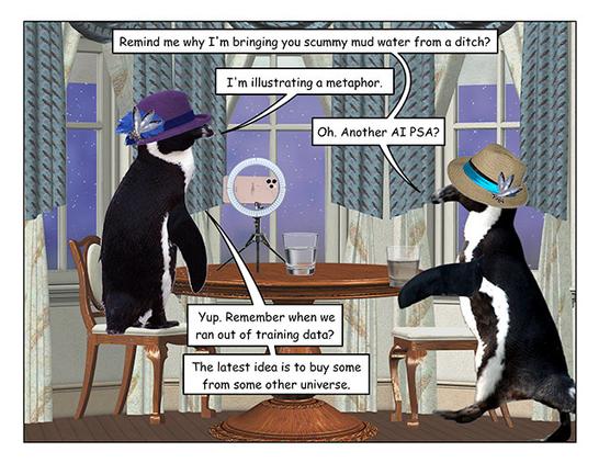 Page 1: A penguin in a purple hat is sitting at a table, with a phone on a tripod with a video recording ring light and a glass half full of clean water. A penguin in a blue-banded hat is waddling in from the right carrying a glass half full of muddy water. 

Blue banded hat: Remind me why I'm bringing you scummy mud water from a ditch?

Purple hat: I'm illustrating a metaphor.

Blue banded hat: Another AI PSA?

Purple hat: Yup. Remember when we ran out of training data? 
The latest idea is to buy some from some other universe.