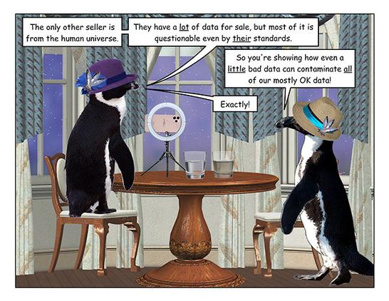 Page 3: Wider view of the two penguins talking.

Purple hat: The only other seller is from the human universe. They have a lot of data for sale, but most of it is questionable even by their standards.

Blue banded hat: So you're showing how even a little bad data can contaminate all of our mostly OK data!
Purple hat: Exactly!