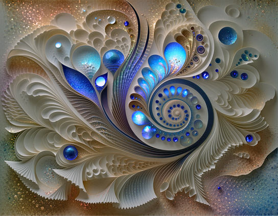 A sculptural radiant design in blue and white, with swirls of 3d stylized feathery forms, accented with peacock colored lighted accents.