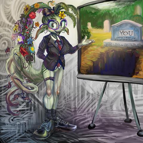 anthropomorphic plant person wearing trouserless business attire and large glasses gestures to a presentation easel showing a large photograph of an open grave marked with a stone on which is written "you"