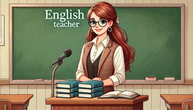 Mit DALL-E (künstlicher Intelligenz) erstellte Illustration einer Englischlehrerin in der Schulklasse.