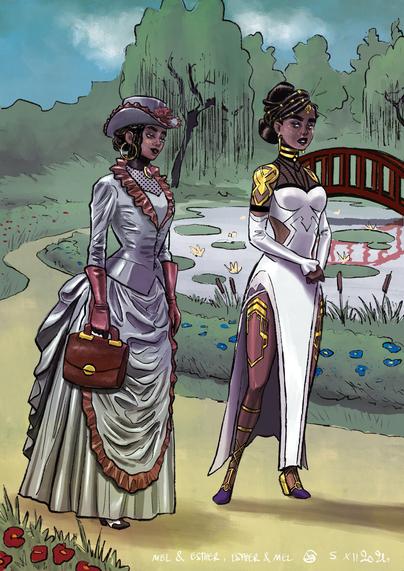 The image features two women in a lush garden setting. Mel is dressed like Esther with an elegant, Victorian-style grey dress with a hat and gloves, while Esther wears the white outfit of the Arcane heroine.
A wooden bridge and a pond with lily pads are visible in the background