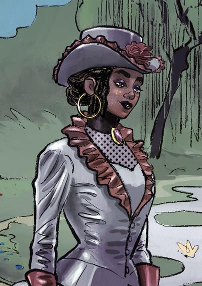 Zoom on Mel is dressed like Esther with an elegant, Victorian-style grey dress with a hat and gloves