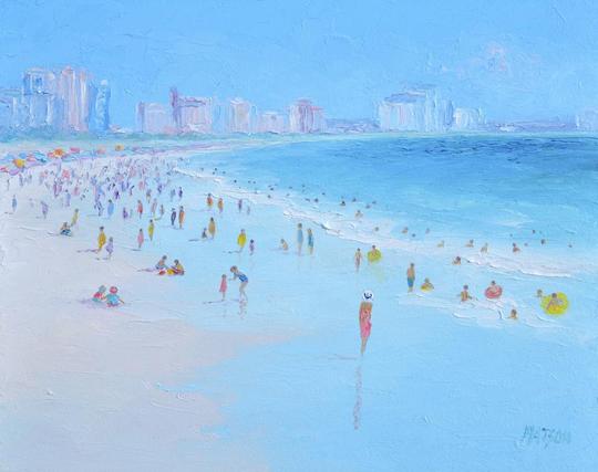 A loosely painted impressionist seascape of Myrtle Beach. This beach painting was mostly completed with a palette knife in oils for a loose impressionistic style. It is a hot summer’s day and the beach is crowded with people, relaxing, strolling and swimming. The cityscape is in the distance and there are crowds of beach umbrellas lining the shore. It is painted in soft pastel tones of blue and beige.