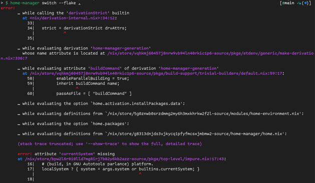 error: attribute 'currentSystem' missing