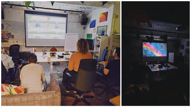 Zwei Fotos aus dem Metalab. Links: Videospiele spielen in der Bibliothek. Rechts: einen Film schauen in der abgedunkelten Bibliothek.

Im linken Bild sehen wir vier Personen, die ein Mario Kart Autorennen spielen. Das Spiel wird auf die Leinwand projiziert. Die Spielenden sitzen auf Bürosesseln und einer Couch. Sie sitzen von der Kamera weg gedreht, wir sehen nur ihre Hinterköpfe und Rücken. Zwei Personen tragen helle Pullover, eine Person einen orangen Pullover, eine Person ein schwarzes T-Shirt. An der Wand neben der Leinwand hängen mehrere bunte Bilder.

Auf dem rechten Foto ist fast nur die Leinwand sichtbar, weil der Raum abgedunkelt wurde. Auf der Leinwand ist das Logo des Österreichischen Hacker Camps 2024, dem Hack Ma's Castle, erkennbar. Auf einem blauen Hintergrund mit einem rot-gelben Streifen, der sich von links oben nach rechts unten zieht. Mittig steht "Hack ma's", zwischen den zwei Wörtern steht ein stilisiertes Schloss.