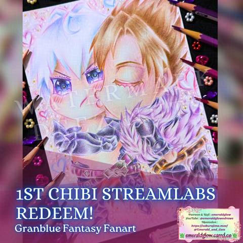 A chibi illustration featuring Lucilius and Belial from Granblue Fantasy. Belial is smooching Lucilius on his left cheek.