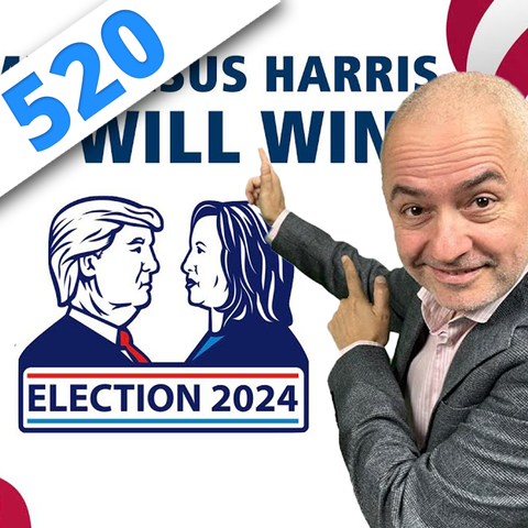 John Antonakis montrant de ses mains un visuel des élections états-unienne 2024 opposant Trump et Harris.
