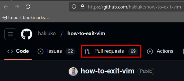 A screenshot from "How to exit vim" whit a red box remarking the fact that the repo has 69 Pull Request open