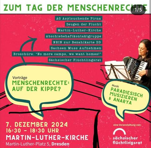 Sharepic: Zum #TagDerMenschenrechte lädt der Sächs. #Flüchtlingsrat zu Vorträgen und Musik heute, am 7.Dezember von 16:30-18:30 in die Martin-Luther-Kirche am M-L-Platz in #Dresden, und wir sind dabei!