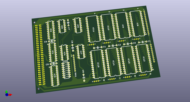 Le rendu en 3D du PCB vu côté composants. C'est une carte format Europe avec un connecteur DIN41612