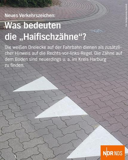 Foto von dem Verkehrszeichen auf der Straße.

Dazu der Text:

Neues Verkehrszeichen: Was bedeuten die "FHaifischzähne"? Die weißen Dreiecke auf der Fahrbahn dienen als zusätzlicher Hinweis auf die Rechts- vor-links-Regel. Die Zähne auf dem Boden sind neuerdings u.a. im Kreis Harburg zu finden.