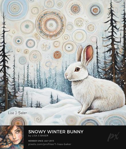 An art print of a white rabbit within a snowy landscape with swirling circular patterns in the sky. Tall evergreen trees frame the scene, adding contrast to the whimsical, colorful background. Art by Lisa S Baker.