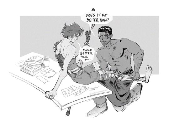 A black and white digital drawing of Viktor and Jayce from Arcane. Viktor is sitting at the edge of a desk, wearing his orthopaedic corset and underwear, holding onto his crutch. Jayce has just come out of the forge and is bare chested and wearing a dirty work apron. He’s on one knee in front of him holding up Viktor’s bad leg and adjusting a prototype of his brace. Jayce says: Does it fit better now? And Viktor responds: Much better. Thank you.