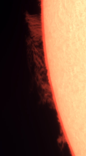 Prominence and AR 3801, H-Alpha light (656.23 nm), 24 august 2024

https://astrob.in/0fbup0/0/

https://telescopius.com/pictures/view/208618/sun/prominence-and-ar-3801-h-alpha-light-656-23-nm-24-/by-simotranquilli

Stack of the best 1000 frames out of 5000

Imaging Telescope: TS-Optics Photoline 102mm f/7 FPL53 Triplet Apo

Imaging Camera: ZWO ASI585MC (Exposure: 5 ms. Gain: 355 Bit depth: 8 bit. Sensor temperature: 45.9 °C)

Mount: Sky-Watcher AZ-EQ6 PRO

Filters:
- DayStar Combo Quark Chromosphere
- Player One S-Series ERF 1.25"
- Player One S-Series UV IR-Cut 1.25"

Accessories:
- Lacerta 3x Tele Extender
- GSO 35 mm extension tube

Software:
- FireCapture
- PlanetarySystemStacker (debayer, alignment and stacking)
- Pixinsight (color curves, deconvolution, multiscale linear transform, fast rotation )
- Operating system: Debian GNU/Linux 12 "Bookworm"