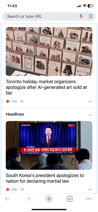 Two timeline items from the cbc, that read : “Toronto holiday market organizers apologize after AI-generated art sold at fair”, and “South korean president apologizes for imposing martial law on nation”