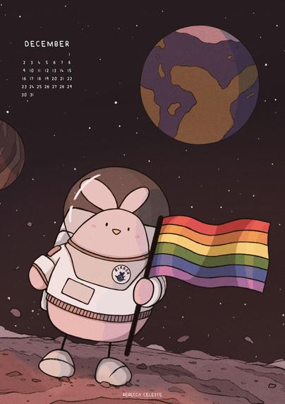 An astronaut bird on a moon. He proudly holds a Pride flag. There are two planets in the background.