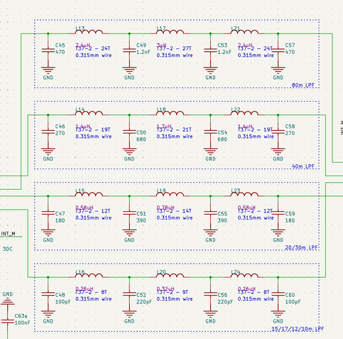 Schematic of the mcHF filter circuit. There are four groups of filters. For 80m, 40m, 20/30m and 15/17/12/10m bands. Each group of filters is a series of three inductors with capacitors connected to ground between each stage.