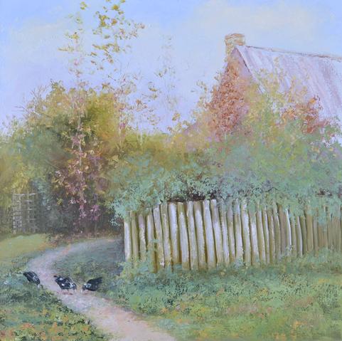 A country farmhouse painting capturing the essence of an autumn morning in the countryside. The scene exudes a serene and nostalgic charm, with three magpies busily scavenging on the path near a quaint picket fence. The vibrant autumn foliage envelops the landscape, showcasing the warm and earthy tones of the season. Peeking through the trees, the corner of an old farmhouse adds a touch of rustic character and hints at a rich history. The combination of the lively magpies, the inviting picket fence, and the rustic farmhouse creates a sense of tranquility and invokes a feeling of coziness and simplicity.