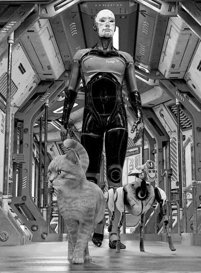 Ein Roboter geht mit einem Roboterhund und einer Katze in einem Raumschiff Gassi.