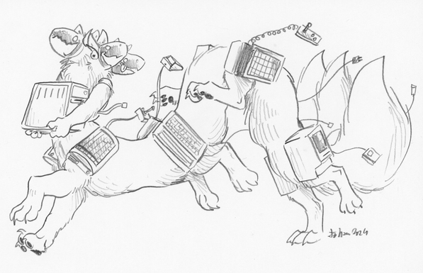 Cyrus the protogen having turned into a taurtrain with 3 heads and tails, computers and computer parts strapped to the body in an "upgrade"
