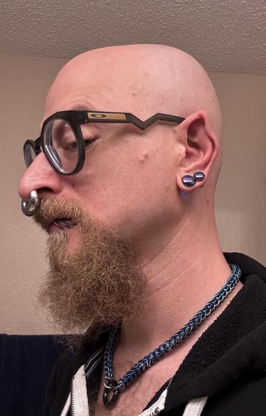 A bald person with a beard is shown in profile. They wear large, distinctive glasses and have multiple facial piercings, including a septum ring and lip piercings. Their ears are pointed with double plugs in their earlobes are visible, and they have a blue chain around their neck.