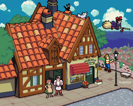 The Bakery from Kiki's Delivery Service with several characters all in pixelart form
