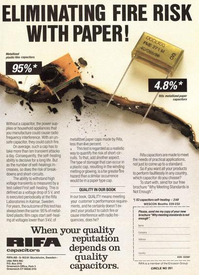 Vintage ad for Rifa PME capacitors, headlined "Eliminating Fire Risk With Paper!". It proudly declares the Rifa metallized paper capacitor to be less prone to fire than metallized plastic film safety capacitors.... at least when new.
